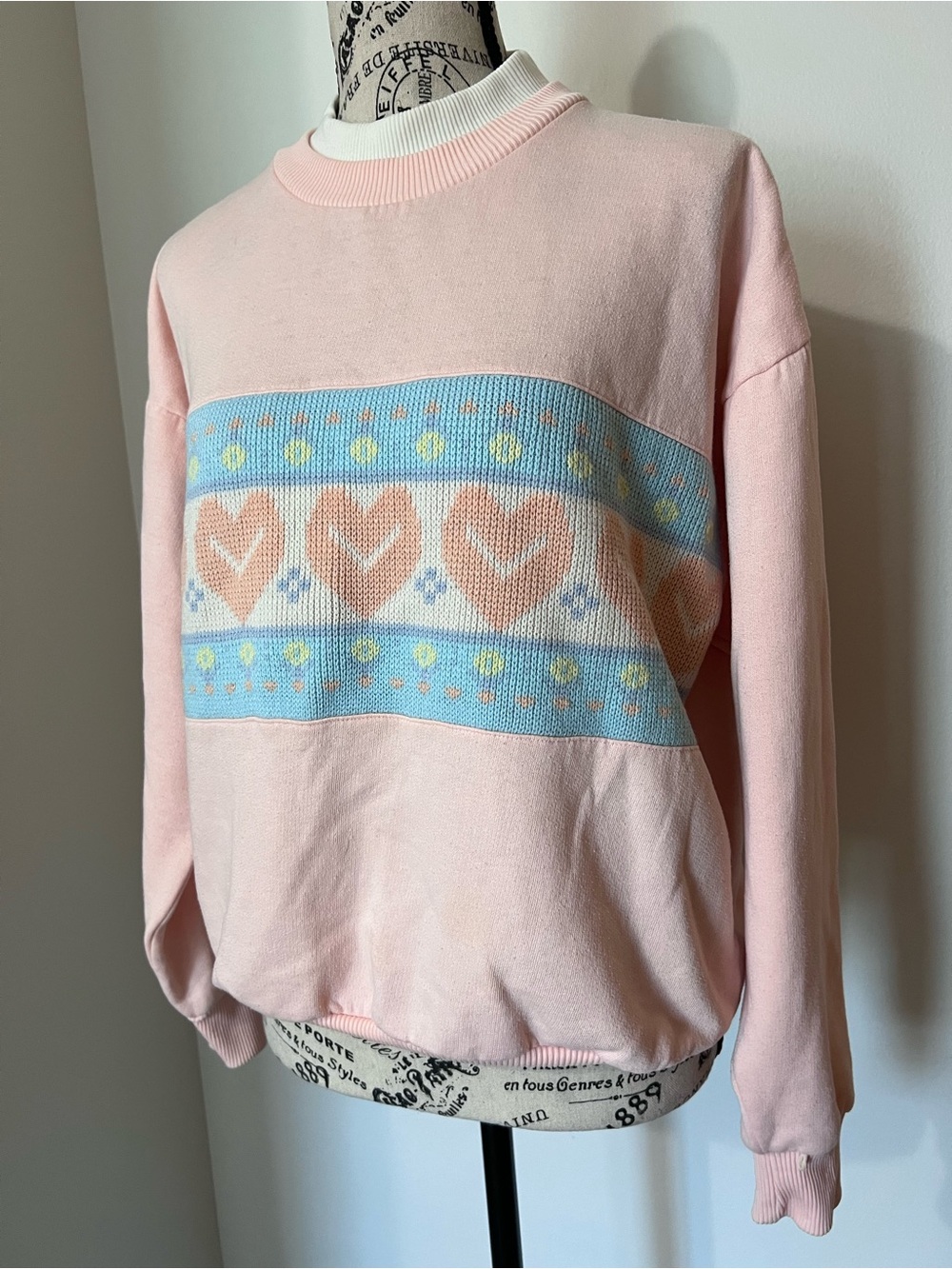 Vintage Simply Basic Pink Pastel Heart Fleece Sweatshirt Jacquard Panel M - Picture 2 of 8
